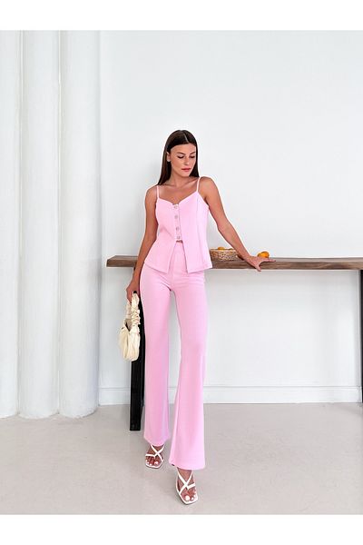 Cistern İstanbul Women's Pink Strap Vest Pants Bottom Top Set
