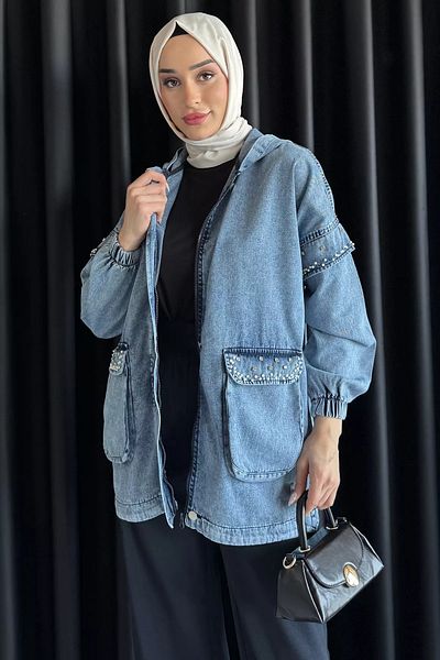 julude Ice Blue Hooded με φερμουάρ με πέτρινη λεπτομέρεια Hijab Jean Jeans Jacket
