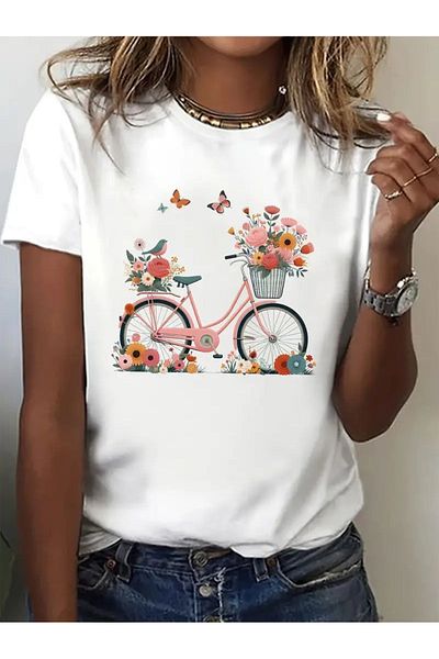 LUNAVISTA Women's Short Sleeve Round Neck T-Shirt with Butterfly Flower Print on Bicycle Theme.