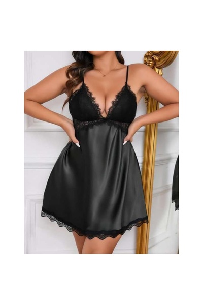 MİRALİVE Marsilyan- Plus Size Black Lace Detail Satin Nightgown