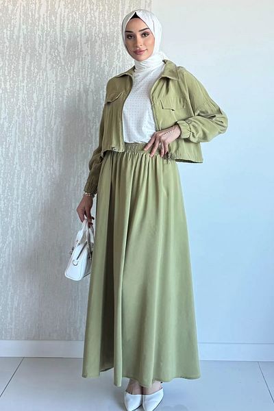 julude Ανοιχτόχρωμο Χακί Μπροστινό Φερμουάρ Αλεξίπτωτο Υφασμάτινο Παλτό Μπουφάν Hijab Διπλό Σετ