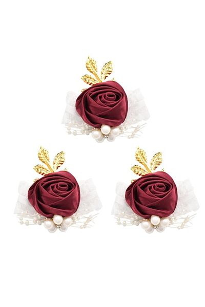 KERNOWSUN KERNOWSUN Bridesmaid Corsage Bracelets Set of 3, White, with Red Rose and Pearls Decorated