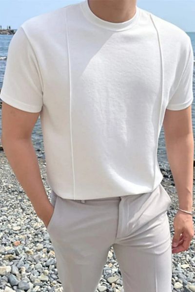 Tarz Cool White Men's Round Neck 2 Stripes Knitted Knitwear T-shirt