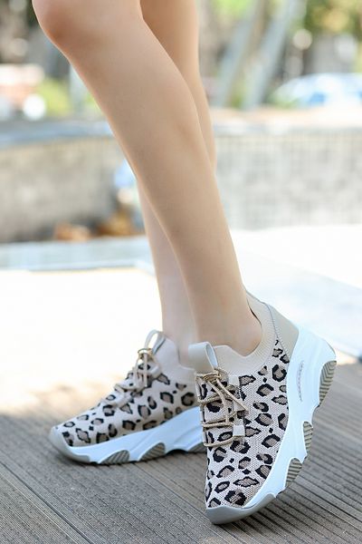 kajal ayakkabı Dnr 620 Stone Laced Leopard Patterned Knitwear Shoes