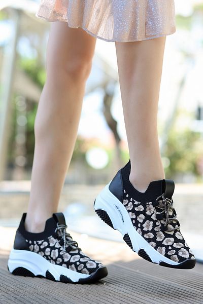 kajal ayakkabı Dnr 620 Stone Laced Leopard Patterned Knitwear Shoes