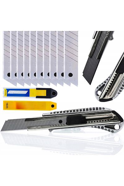 Rosfix Zestaw wymiennych ostrzy do nożyka do tapet 18mm 10 szt. + Nożyk do tapet aluminiowy