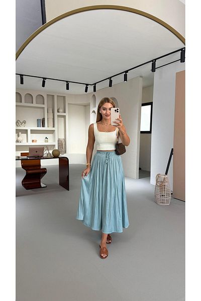 Sezgi Tekin Waist Elastic Wrinkled Texture Satin Midi Turquoise Skirt
