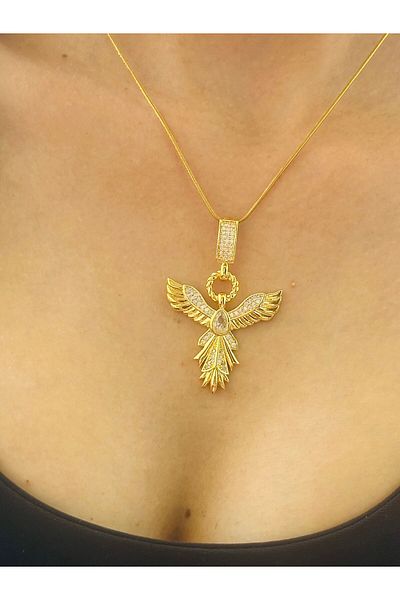 Gönülden Tasarım Zircon Stone Engraved Steel Anka Bird Women's Necklace 24 cm