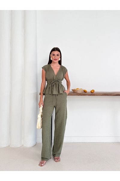 Cistern İstanbul Women's Khaki Waist Drawstring and Lace Detailed Blouse Pants Set