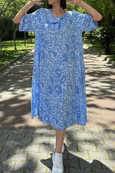 AYASOFYA OTANTIK Women's Light Blue Buttoned Round Neck Pocket Patterned Oversize Short Sleeve Dress