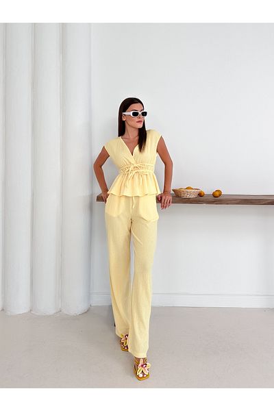 Cistern İstanbul Women's Yellow Waist Gathered and Lace Detailed Blouse Pants Set