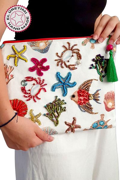 Uretti - Sümeyya 2589 0148 Handmade Ethnic Sea Themed Bead Embroidered - Green Tassel Clutch Bag