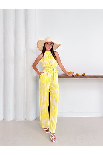 Cistern İstanbul Women's Yellow Patterned Halter Neckline Waist Belted Jumpsuit