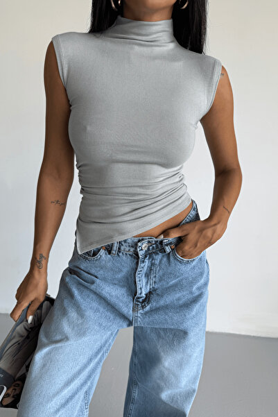 Bipantolon Γυναικεία Αμάνικη Μπλούζα με Πλαϊνή Λεπτομέρεια Draped Lycra Grey