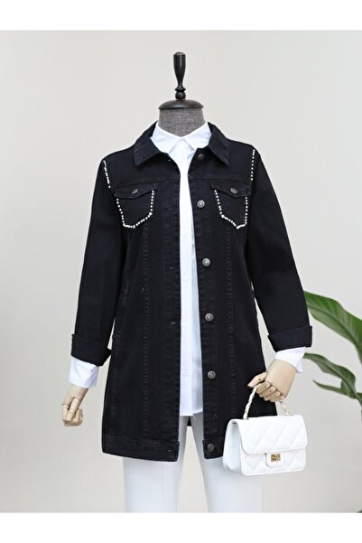 trend_ermege Τζιν μπουφάν Random Wash με τσέπες και διακοσμητικά στον ώμο - Μαύρο