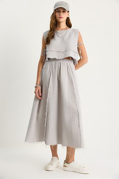 Bianco Lucci Women's Elastic Waist Skirt with Side Tie Detail Crop Muslin Bottom-Top Set 60283236