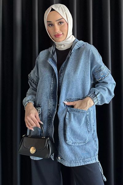 julude Ice Blue Hooded με φερμουάρ με πέτρινη λεπτομέρεια Hijab Jean Jeans Jacket