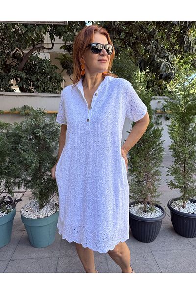 DenizEge Guipure Midi Dress (with Pockets) White