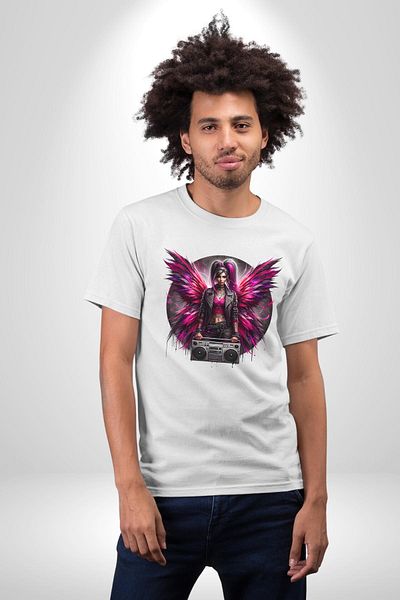 Angemiel تي شيرت مطبوع من الأمام للنساء والرجال باللون الأبيض بتصميم Boombox وBright Wings