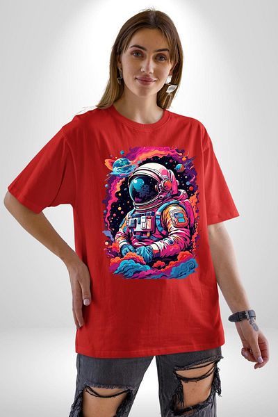 Angemiel Colorful Galaxy Astronaut Space and Loneliness Red Oversize Women's Men's Front Printed T-Shirt