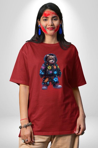 Angemiel Starry Night Bear Colorful Night Adventure Red Oversize Women's Men's Front Printed T-Shirt