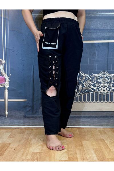 Yeşilmoda Fashion Pants,Women,Summer,Linen Fabric,High Bell,Lace-Up,Patterned,Elastic Waist,High Quality,Black