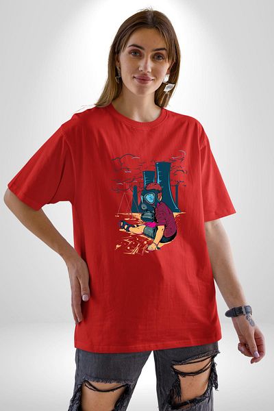 Angemiel Climate Change Global Warming Red Oversize Women's Men's Front Printed T-Shirt