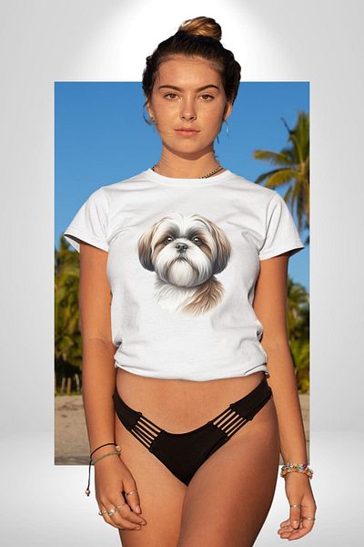 Angemiel تي شيرت مطبوع من الأمام للنساء والرجال من Cheerful Shih Tzu صغير الحجم وصديق للكلاب باللون الأبيض