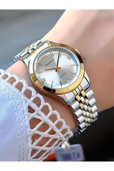 Ferrucci Milano Kadın Kol Saati – Taşlı Kadran, Roma Rakamlı Detay, İki Renkli Metal Kordon