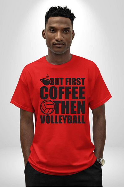 Angemiel Red Oversize Women's Men's Front Printed T-Shirt with Coffee First, Volleyball Later Written