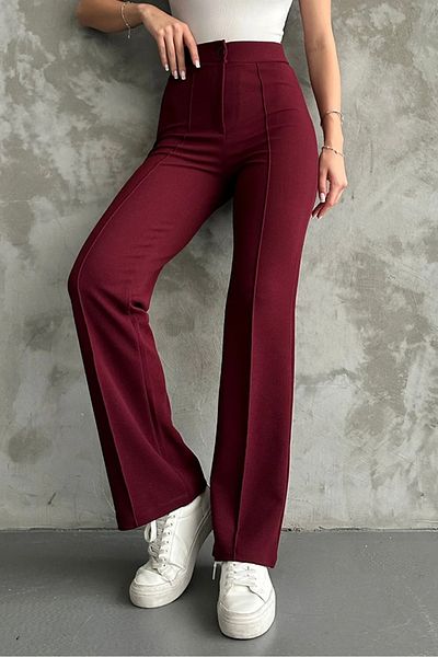 Bestenur Yüksel Waist Spanish Leg Palazzo Trousers 1290 - Burgundy