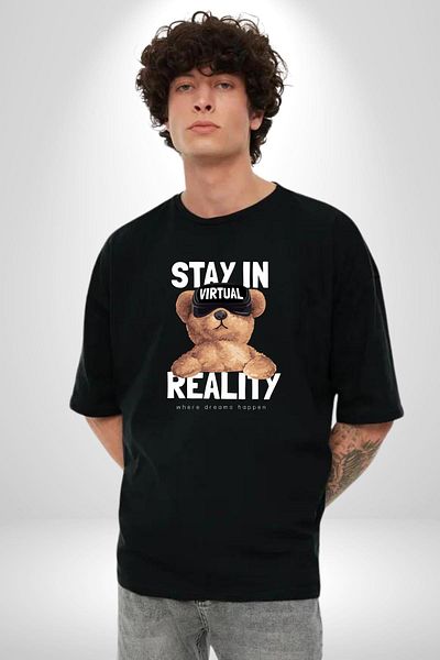 Angemiel Virtual Reality Bear Making Dreams Come True Black Oversize Women's Men's Front Printed T-Shirt