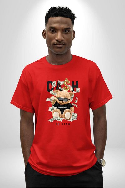 Angemiel Cash King Bear Billionaire Design Red Oversize Women's Men's Front Printed T-Shirt