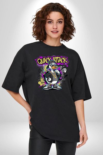 Angemiel  Style Duck Cool Sports Shoes Black Oversize Women's Men's Front Printed T-Shirt