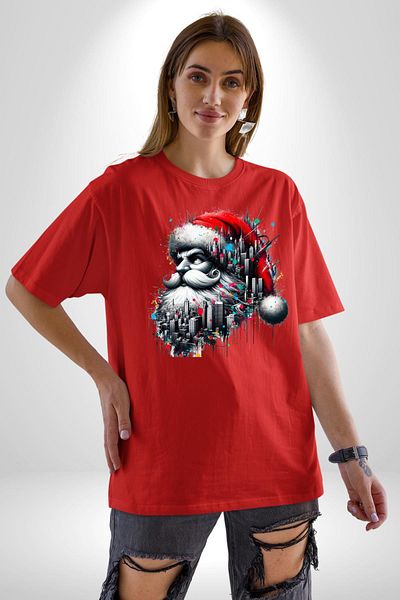 Angemiel Santa Claus on the Street Red Oversize Women's Men's Front Printed T-Shirt