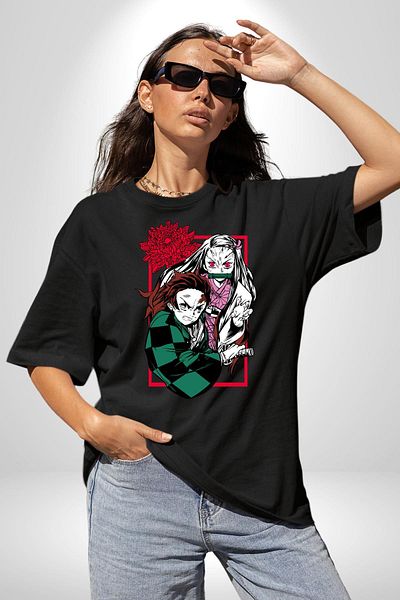 Angemiel Demon Slayer Anime Style Tanjiro and Nezuko Black Oversize Women Men Front Printed T-Shirt