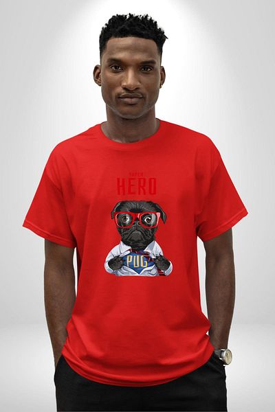 Angemiel Super Pug Hero Dog Red Oversize Women's Men's Front Printed T-Shirt