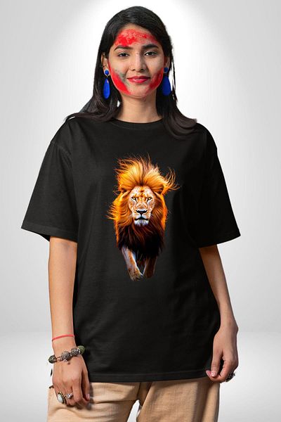 Angemiel Fringed Lion Portrait Black Oversize Women's Men's Front Printed T-Shirt