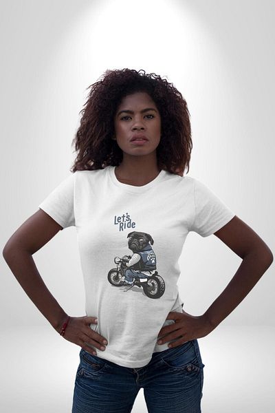 Angemiel Motorcycle Pug Let's Ride! White Oversize Women's Men's Front Printed T-Shirt