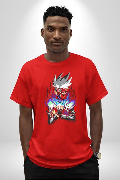 Angemiel Kakashi Hatake Ninja Power Anime Red Oversize Women's Men's Front Printed T-Shirt