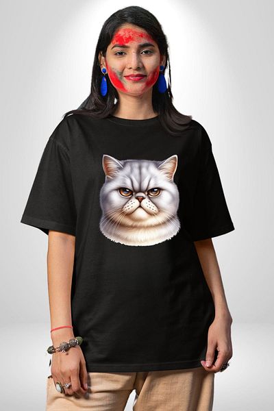 Angemiel Hard Looks This Cat Is Far from Caring Black Oversize Women's Men's Front Printed T-Shirt