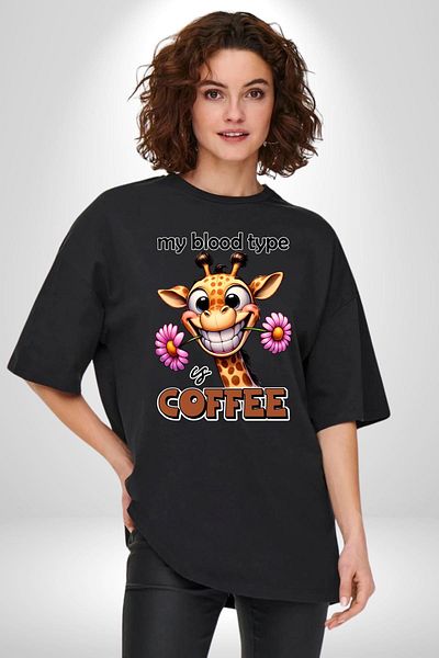 Angemiel Coffee Passion Love Giraffe Flower Black Oversize Women Men Front Printed T-Shirt