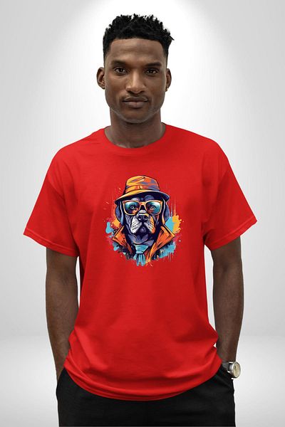 Angemiel Glasses Wearing Boss  Dog Red Oversize Women Men Front Printed T-Shirt