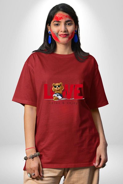 Angemiel Love Printed Cute Bear and Relaxing Love Red Oversize Women's Men's Front Printed T-Shirt