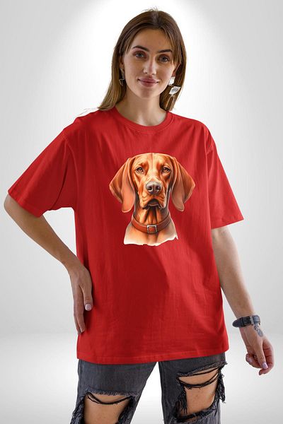 Angemiel Vizsla Energetic Hunting Dog Design Red Oversize Women's Men's Front Printed T-Shirt