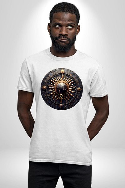 Angemiel تي شيرت Aten Egyptian Sun God of Life Source White كبير الحجم للنساء والرجال مطبوع من الأمام