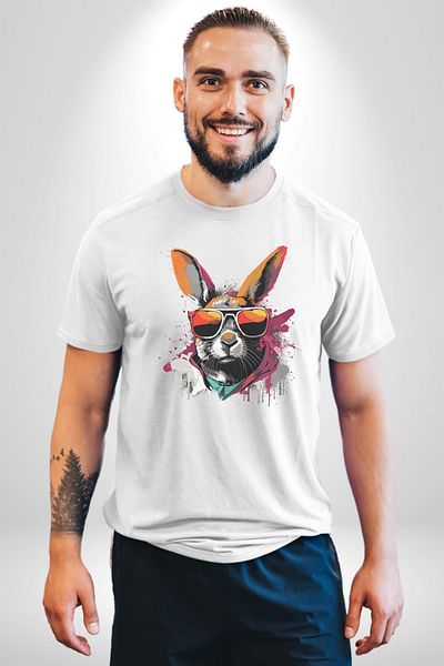 Angemiel Rebel Rabbit with Sunglasses White Oversize Women's Men's Front Printed T-Shirt