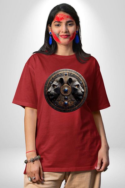 Angemiel Holy Lion and Mythology Egyptian Pyramid God Red Oversize Women Men Front Printed T-Shirt