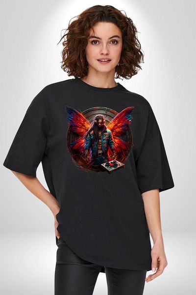 Angemiel Dj Style Design with Red Orange Wings Black Oversize Women Men Front Printed T-Shirt