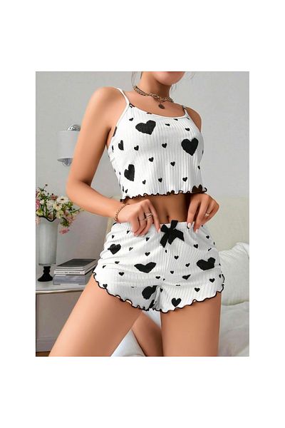 civetta Cotton White with Black Heart Pattern Ribbed Strap Shorts Pajama Set